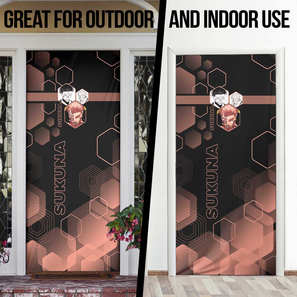 Ryomen Sukuna Jujutsu Kaisen Brown Hexagon Design Door Cover with Cursed Marks and Manga Style Art - The Mazicc