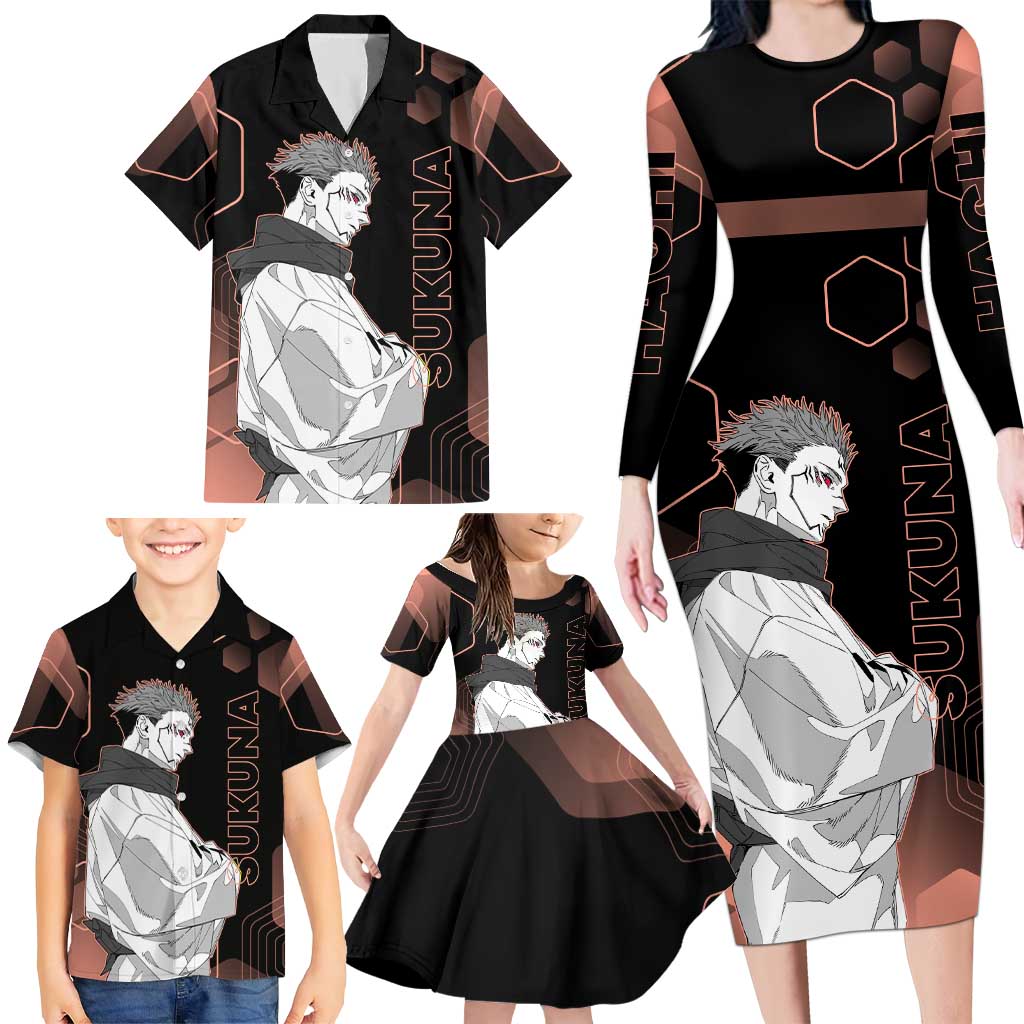 Ryomen Sukuna Jujutsu Kaisen Brown Hexagon Design Family Matching Long Sleeve Bodycon Dress and Hawaiian Shirt with Cursed Marks and Manga Style Art
