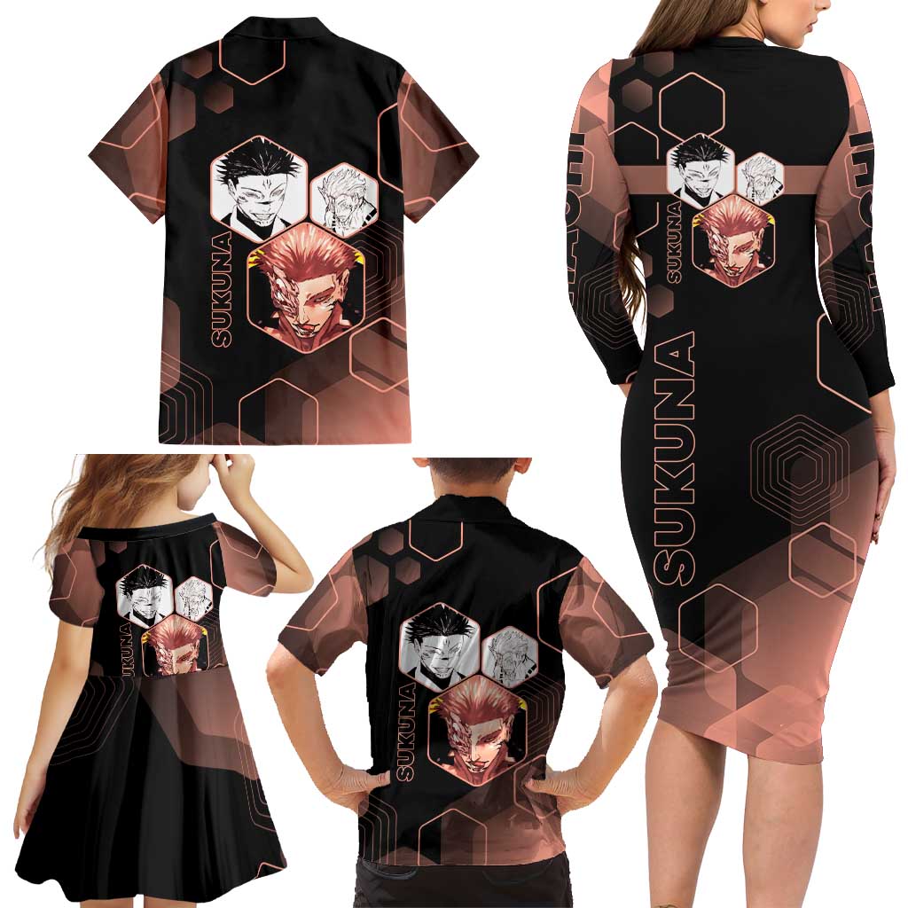 Ryomen Sukuna Jujutsu Kaisen Brown Hexagon Design Family Matching Long Sleeve Bodycon Dress and Hawaiian Shirt with Cursed Marks and Manga Style Art