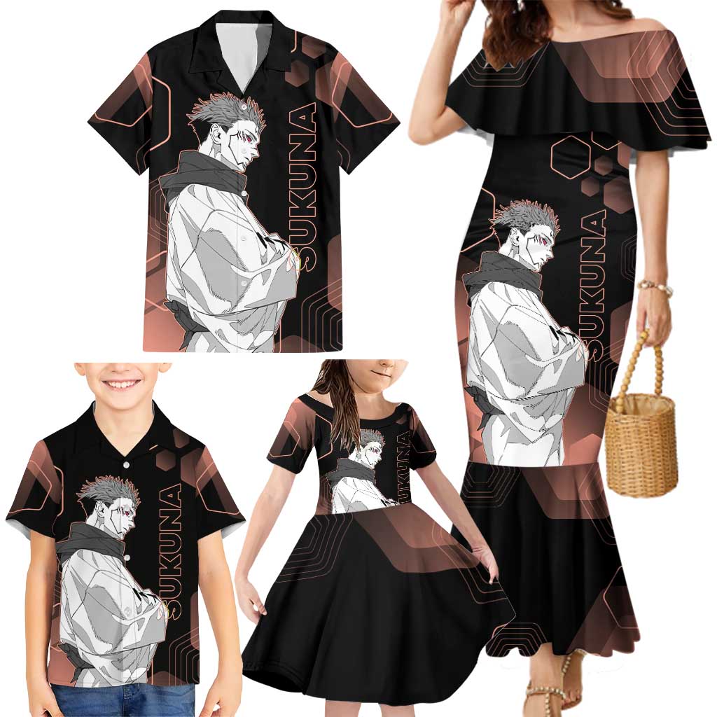 Ryomen Sukuna Jujutsu Kaisen Brown Hexagon Design Family Matching Mermaid Dress and Hawaiian Shirt with Cursed Marks and Manga Style Art