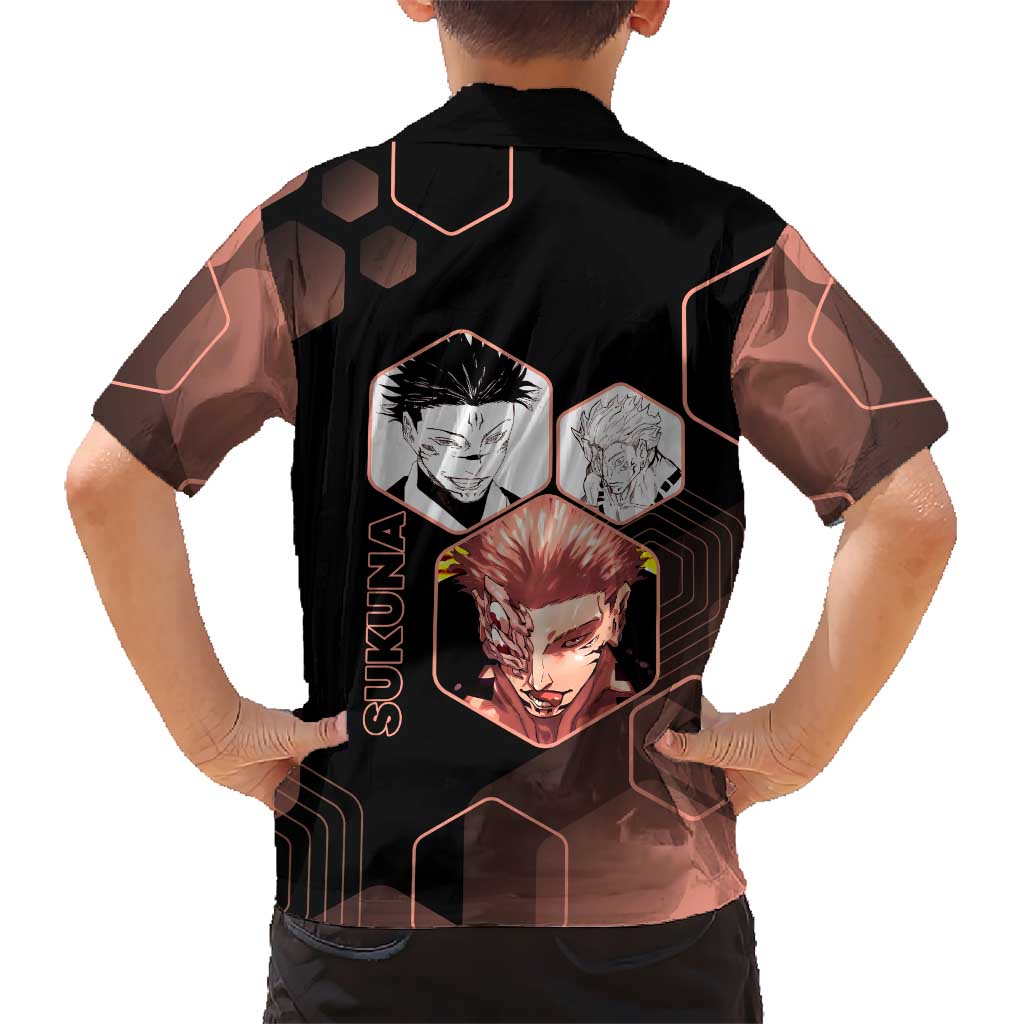 Ryomen Sukuna Jujutsu Kaisen Brown Hexagon Design Family Matching Mermaid Dress and Hawaiian Shirt with Cursed Marks and Manga Style Art