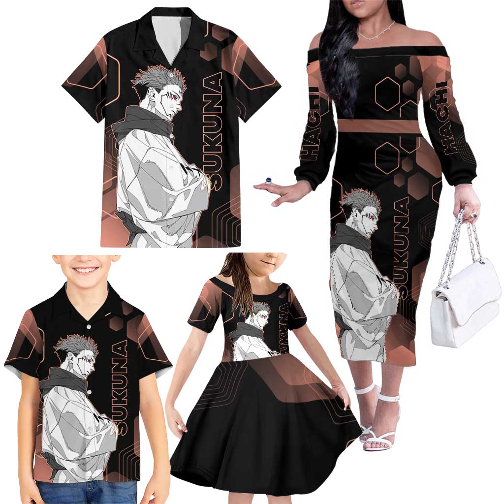 Ryomen Sukuna Jujutsu Kaisen Brown Hexagon Design Family Matching Off The Shoulder Long Sleeve Dress and Hawaiian Shirt with Cursed Marks and Manga Style Art