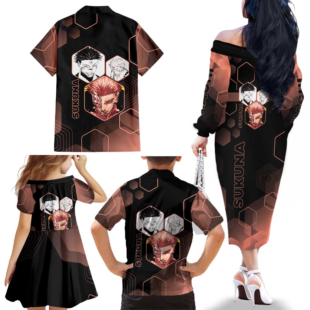Ryomen Sukuna Jujutsu Kaisen Brown Hexagon Design Family Matching Off The Shoulder Long Sleeve Dress and Hawaiian Shirt with Cursed Marks and Manga Style Art