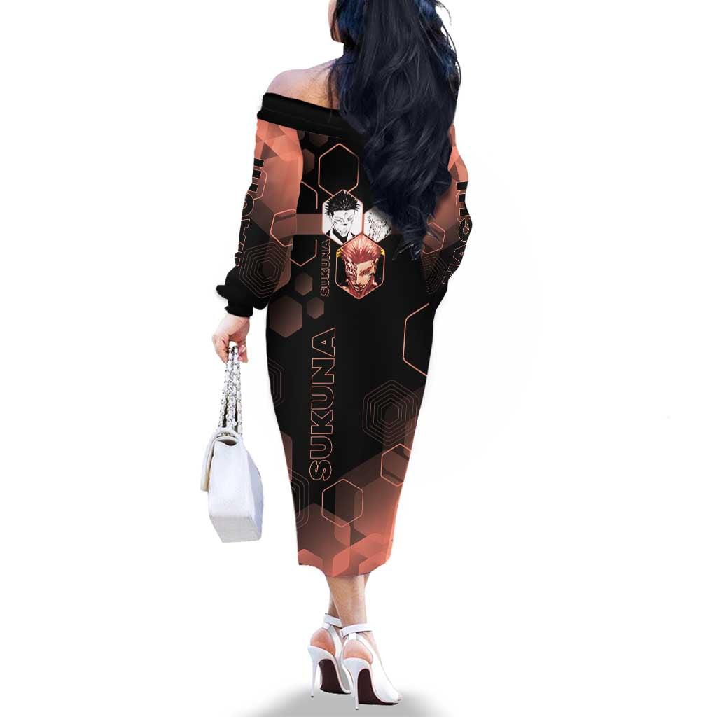 Ryomen Sukuna Jujutsu Kaisen Brown Hexagon Design Family Matching Off The Shoulder Long Sleeve Dress and Hawaiian Shirt with Cursed Marks and Manga Style Art