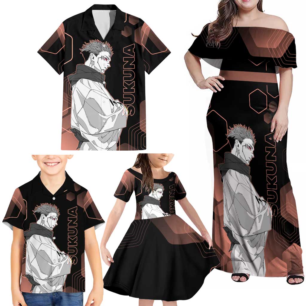 Ryomen Sukuna Jujutsu Kaisen Brown Hexagon Design Family Matching Off Shoulder Maxi Dress and Hawaiian Shirt with Cursed Marks and Manga Style Art