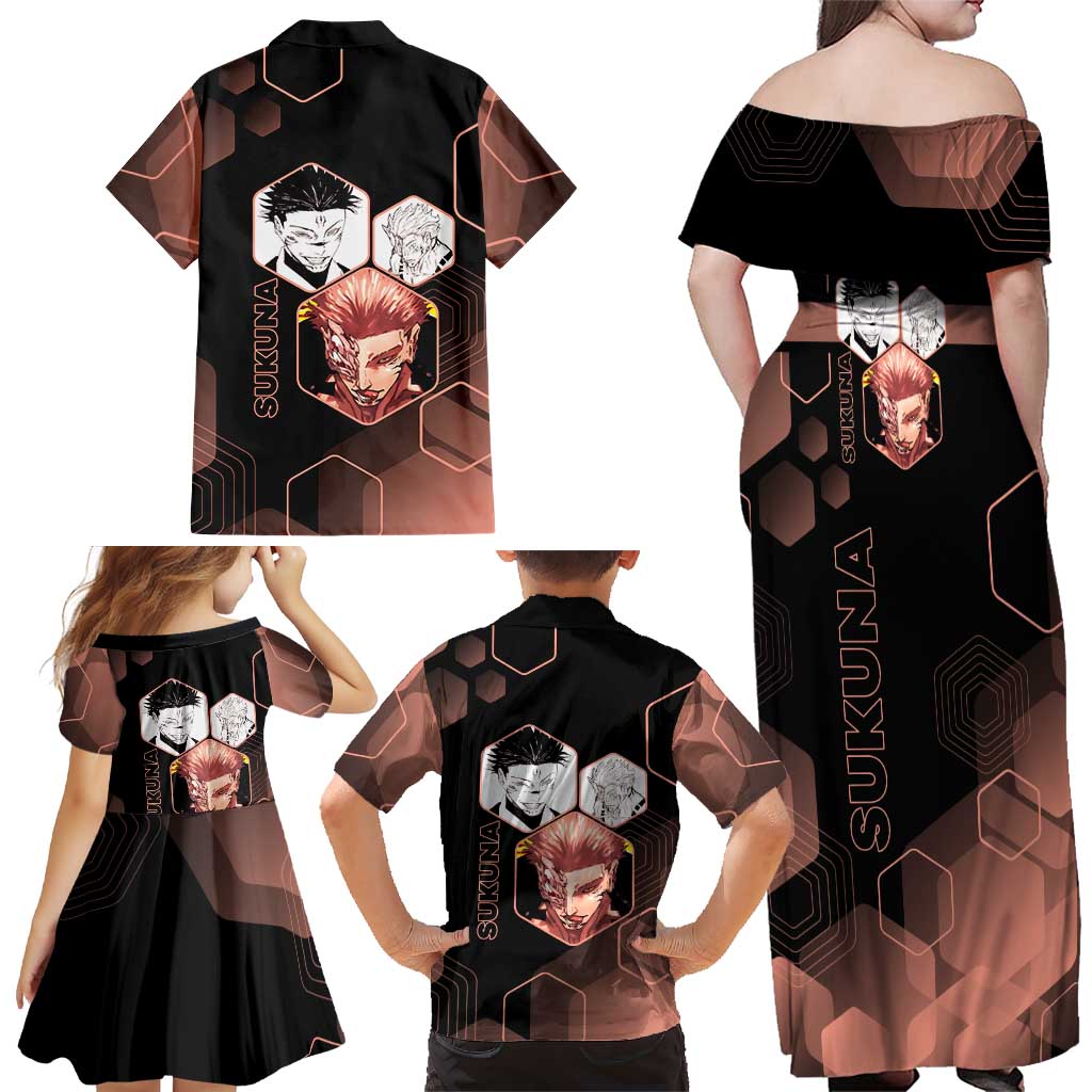 Ryomen Sukuna Jujutsu Kaisen Brown Hexagon Design Family Matching Off Shoulder Maxi Dress and Hawaiian Shirt with Cursed Marks and Manga Style Art