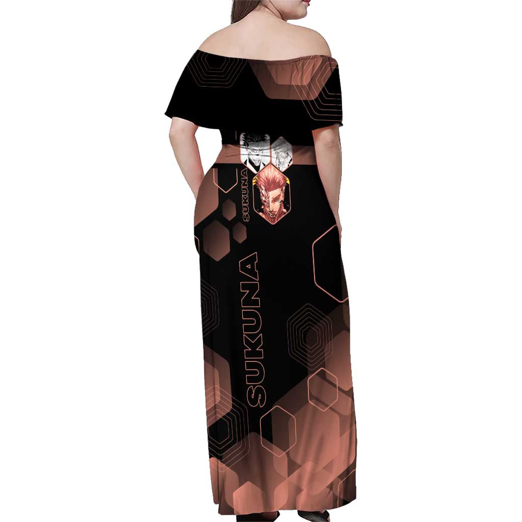Ryomen Sukuna Jujutsu Kaisen Brown Hexagon Design Family Matching Off Shoulder Maxi Dress and Hawaiian Shirt with Cursed Marks and Manga Style Art