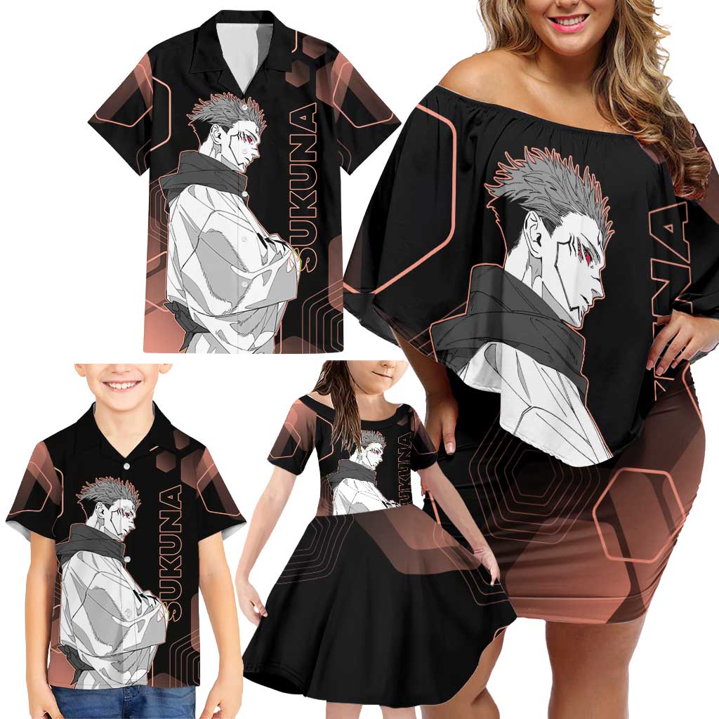 Ryomen Sukuna Jujutsu Kaisen Brown Hexagon Design Family Matching Off Shoulder Short Dress and Hawaiian Shirt with Cursed Marks and Manga Style Art
