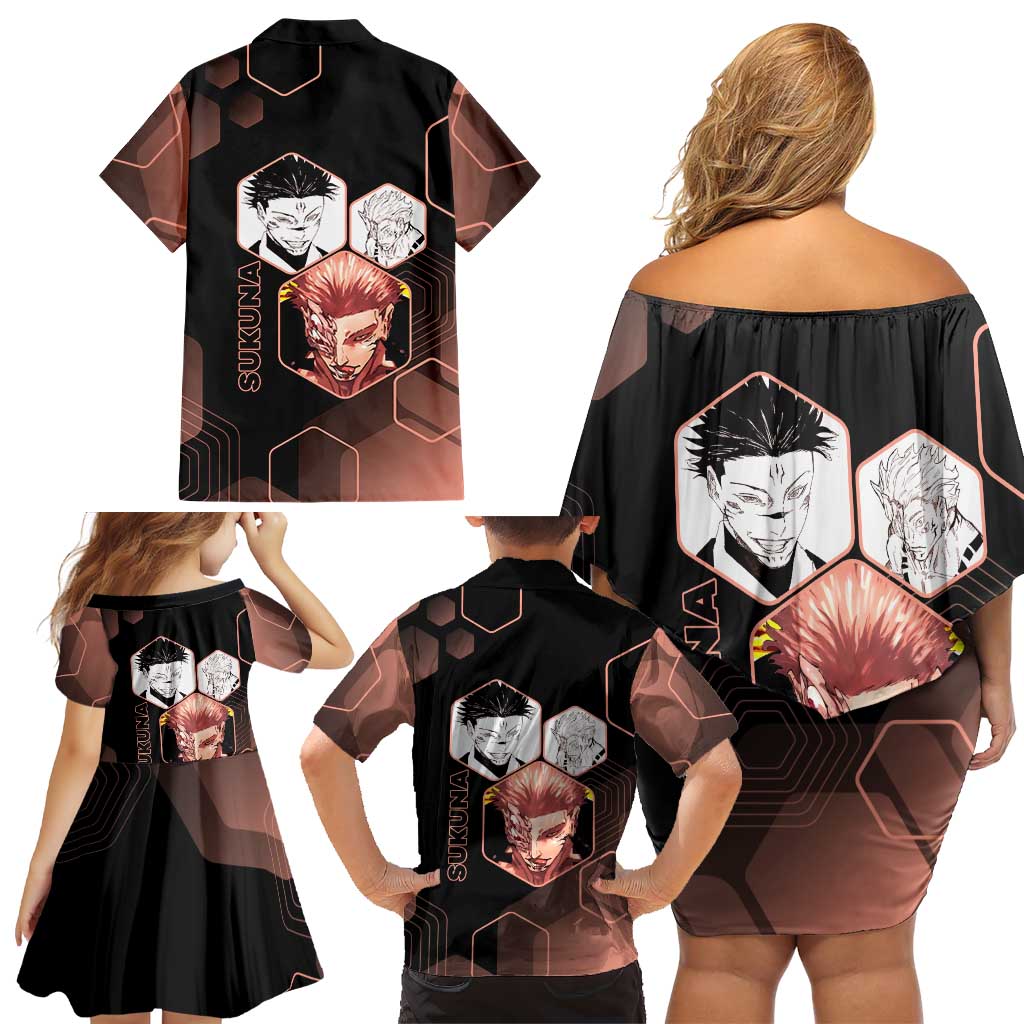 Ryomen Sukuna Jujutsu Kaisen Brown Hexagon Design Family Matching Off Shoulder Short Dress and Hawaiian Shirt with Cursed Marks and Manga Style Art