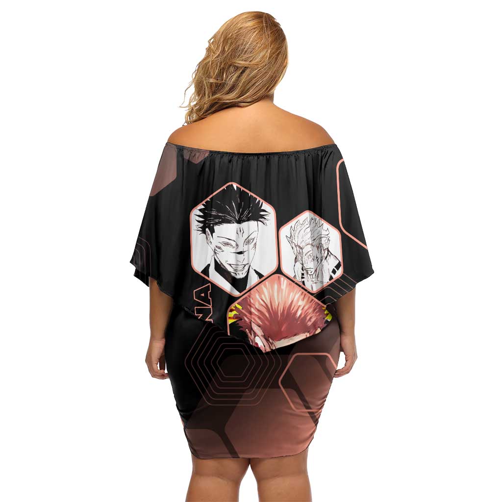 Ryomen Sukuna Jujutsu Kaisen Brown Hexagon Design Family Matching Off Shoulder Short Dress and Hawaiian Shirt with Cursed Marks and Manga Style Art