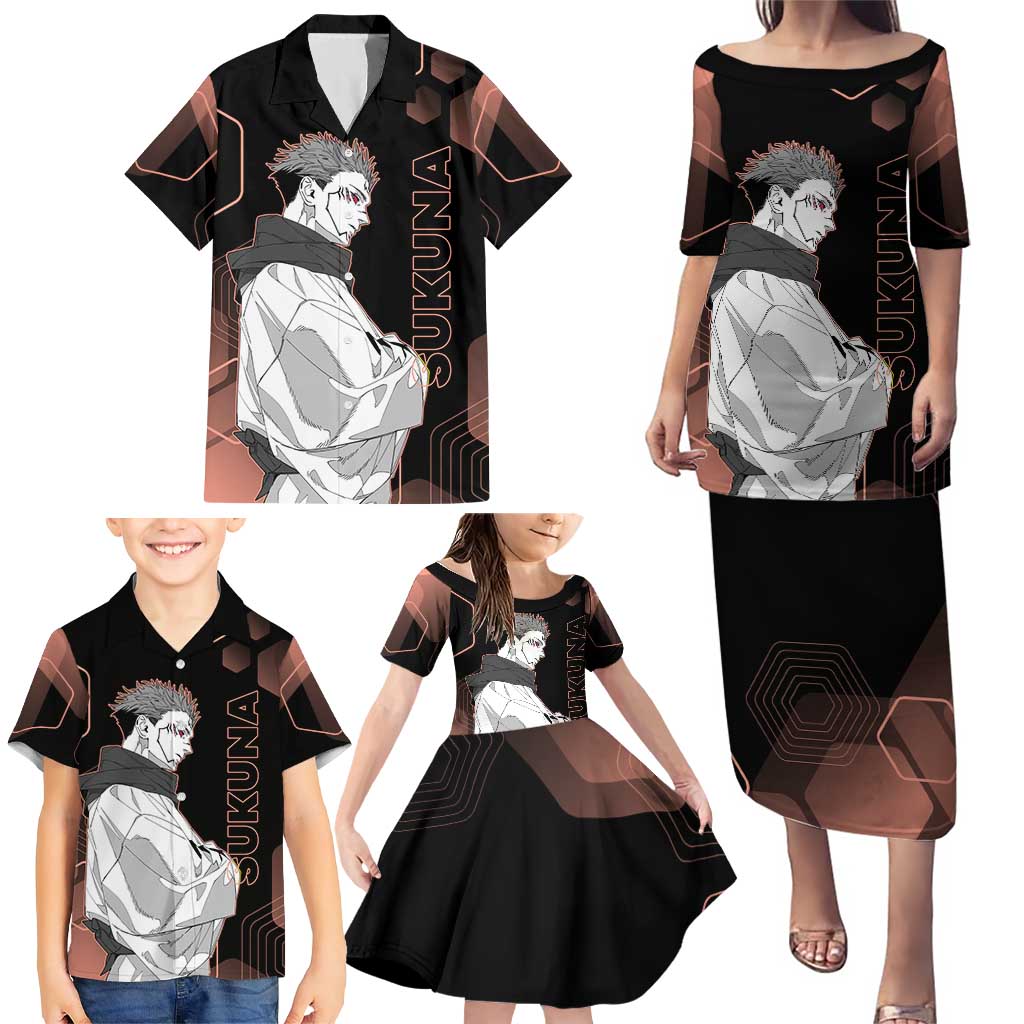 Ryomen Sukuna Jujutsu Kaisen Brown Hexagon Design Family Matching Puletasi and Hawaiian Shirt with Cursed Marks and Manga Style Art