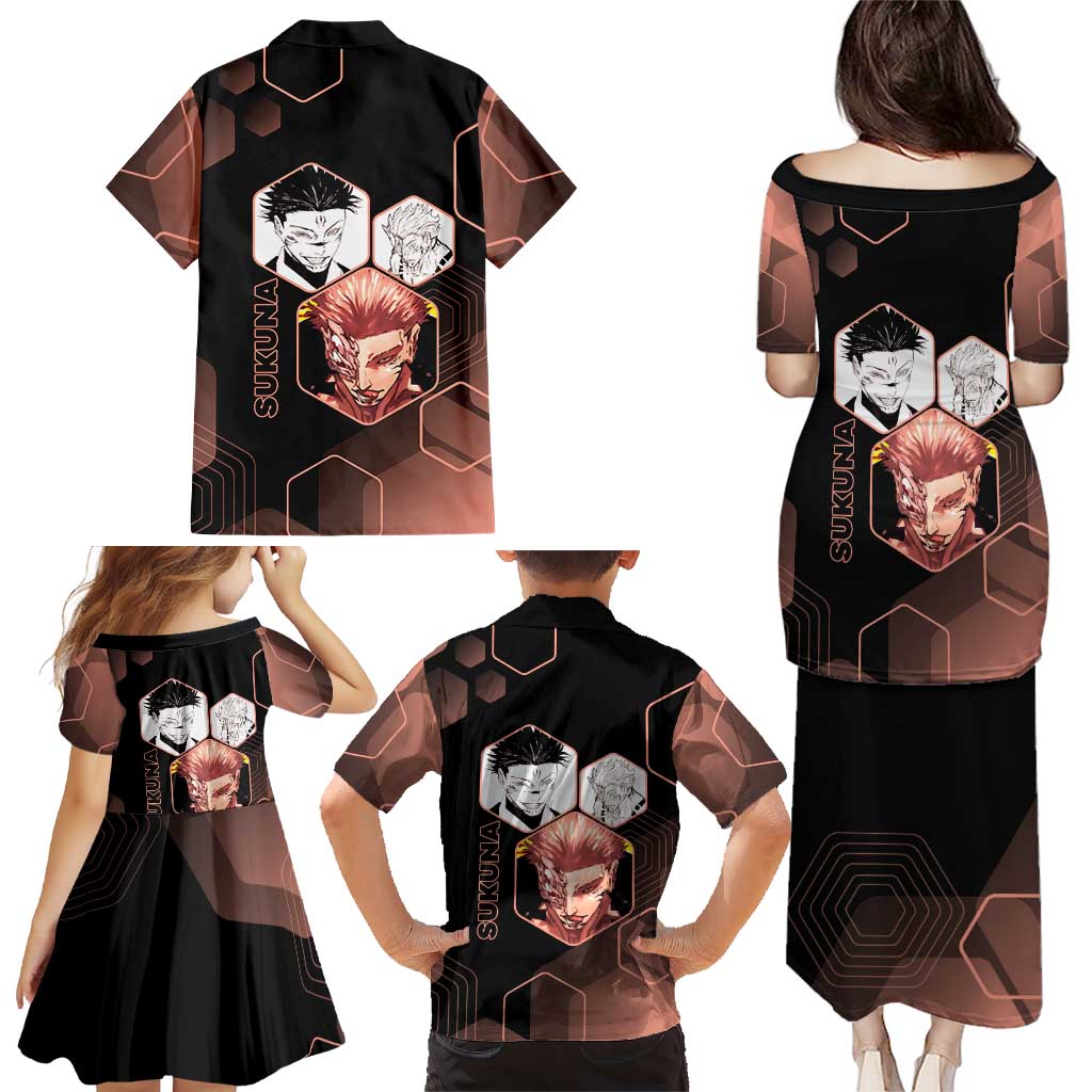 Ryomen Sukuna Jujutsu Kaisen Brown Hexagon Design Family Matching Puletasi and Hawaiian Shirt with Cursed Marks and Manga Style Art