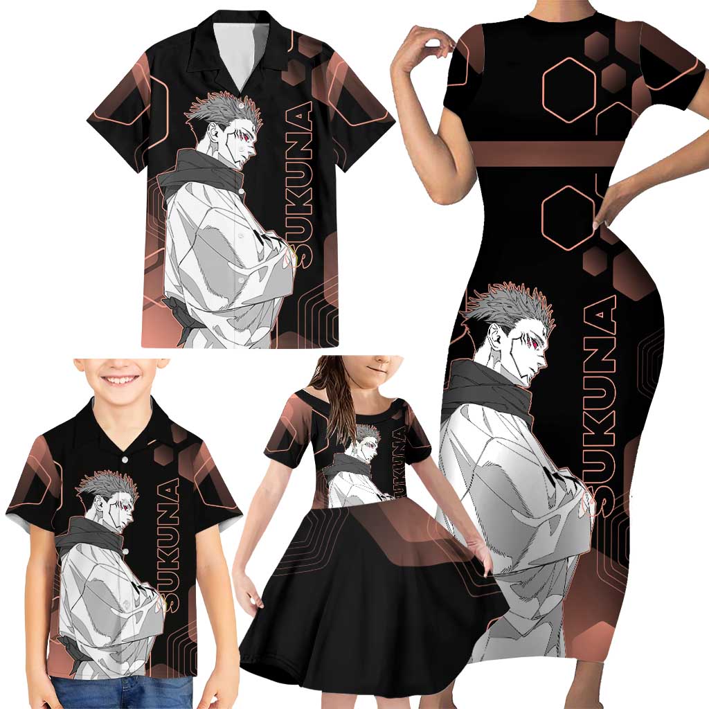 Ryomen Sukuna Jujutsu Kaisen Brown Hexagon Design Family Matching Short Sleeve Bodycon Dress and Hawaiian Shirt with Cursed Marks and Manga Style Art