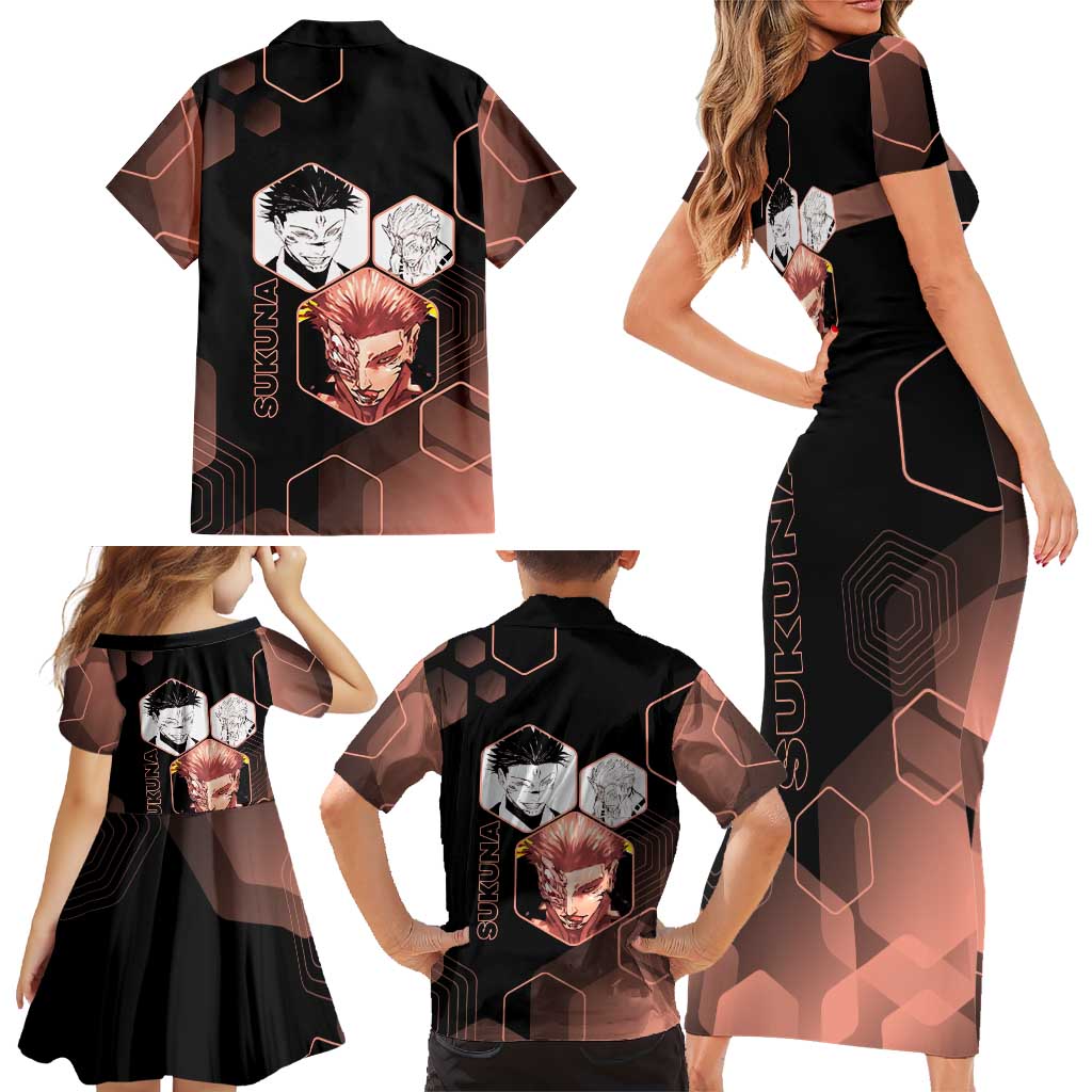Ryomen Sukuna Jujutsu Kaisen Brown Hexagon Design Family Matching Short Sleeve Bodycon Dress and Hawaiian Shirt with Cursed Marks and Manga Style Art
