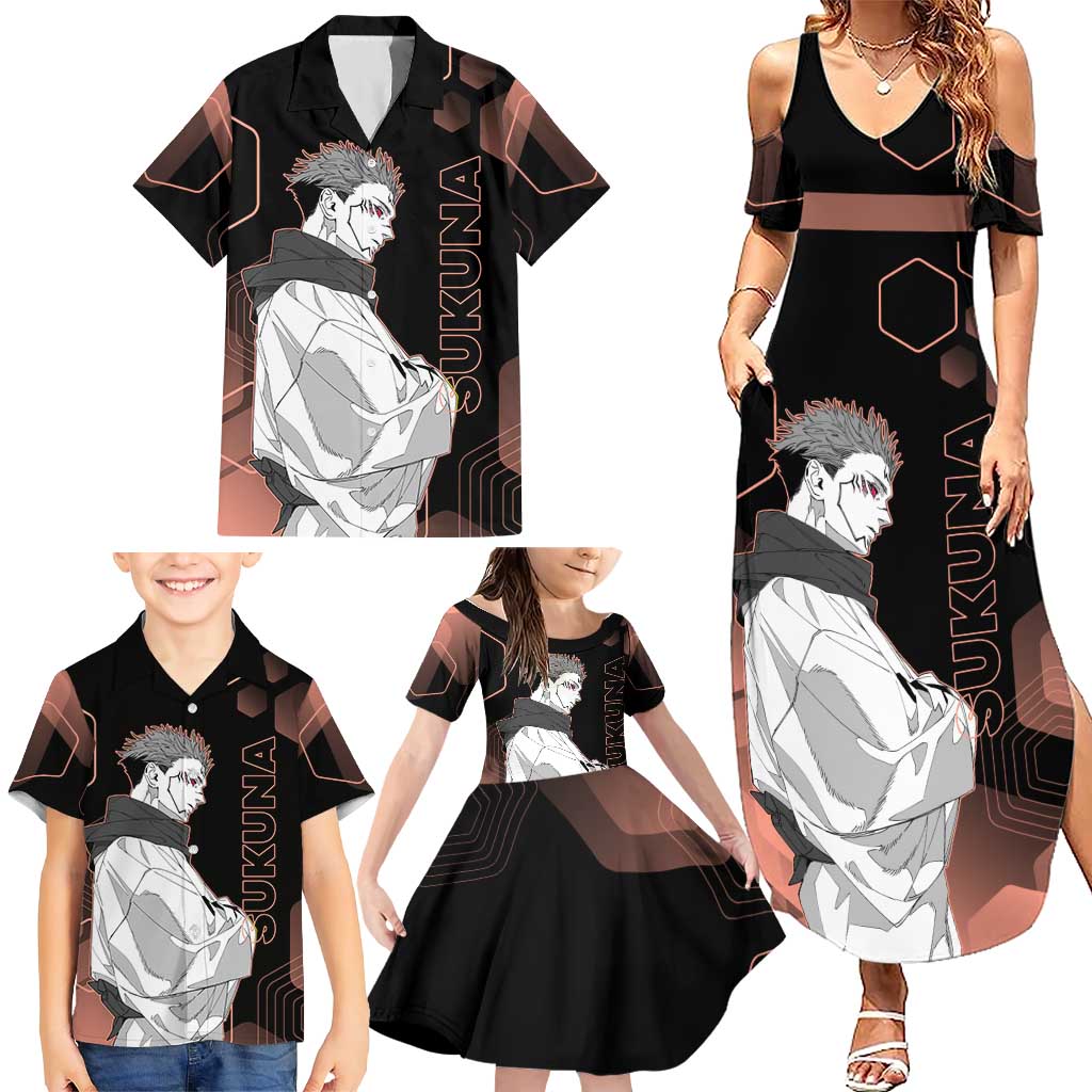 Ryomen Sukuna Jujutsu Kaisen Brown Hexagon Design Family Matching Summer Maxi Dress and Hawaiian Shirt with Cursed Marks and Manga Style Art