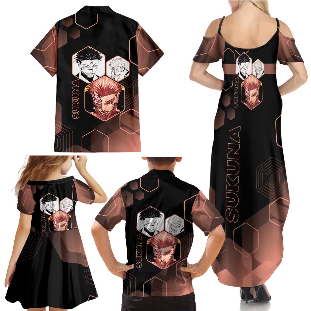 Ryomen Sukuna Jujutsu Kaisen Brown Hexagon Design Family Matching Summer Maxi Dress and Hawaiian Shirt with Cursed Marks and Manga Style Art