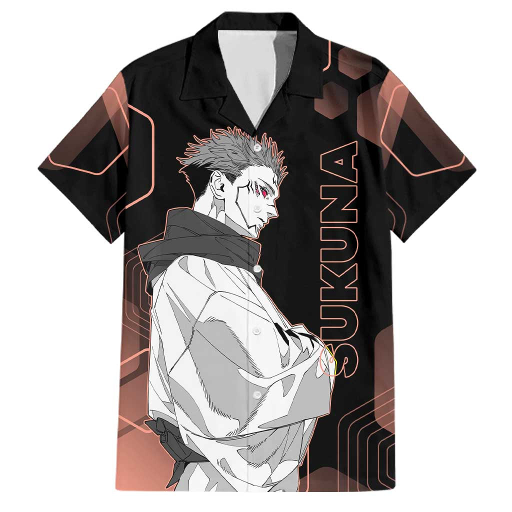 Ryomen Sukuna Jujutsu Kaisen Brown Hexagon Design Family Matching Summer Maxi Dress and Hawaiian Shirt with Cursed Marks and Manga Style Art