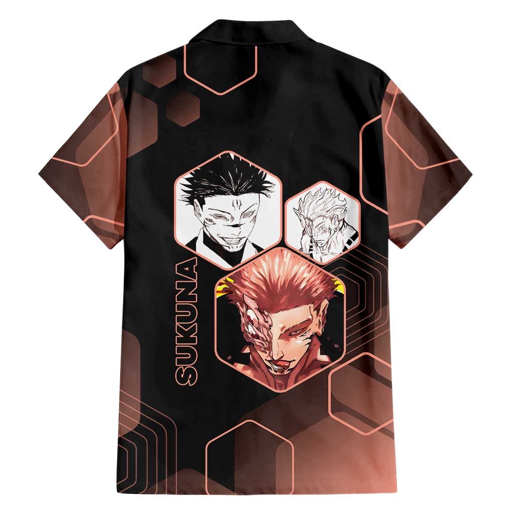 Ryomen Sukuna Jujutsu Kaisen Brown Hexagon Design Family Matching Summer Maxi Dress and Hawaiian Shirt with Cursed Marks and Manga Style Art