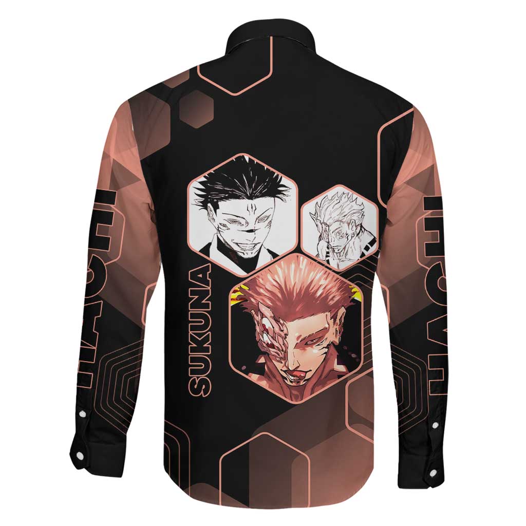 Ryomen Sukuna Jujutsu Kaisen Brown Hexagon Design Family Matching Summer Maxi Dress and Hawaiian Shirt with Cursed Marks and Manga Style Art