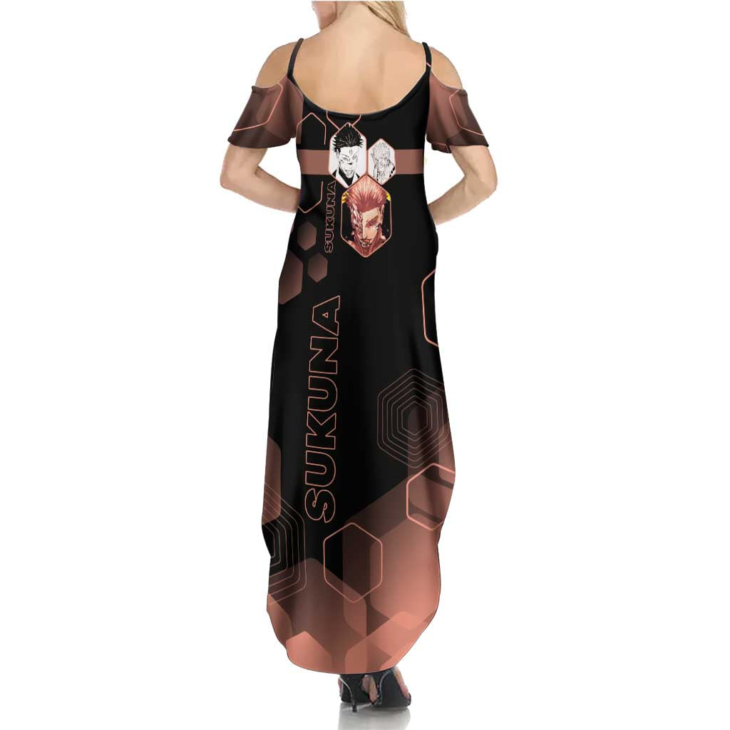 Ryomen Sukuna Jujutsu Kaisen Brown Hexagon Design Family Matching Summer Maxi Dress and Hawaiian Shirt with Cursed Marks and Manga Style Art