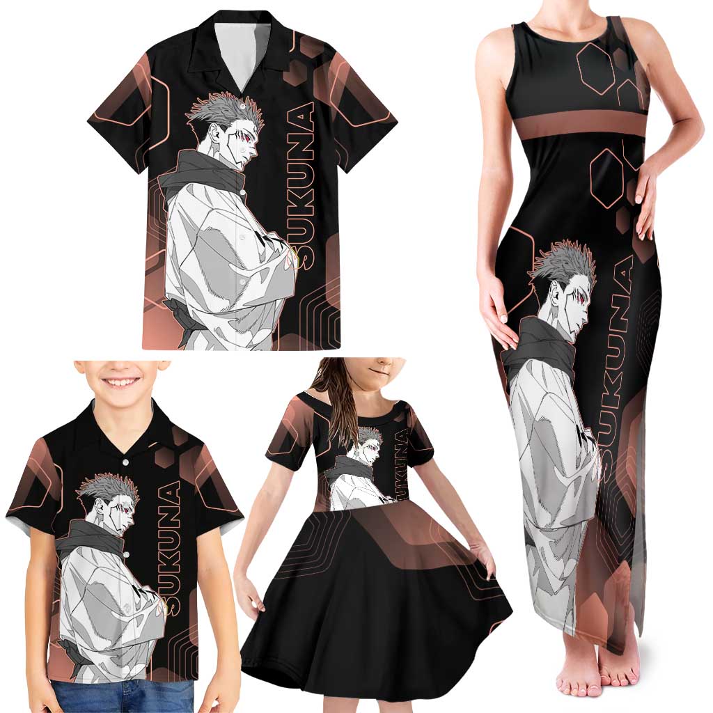 Ryomen Sukuna Jujutsu Kaisen Brown Hexagon Design Family Matching Tank Maxi Dress and Hawaiian Shirt with Cursed Marks and Manga Style Art