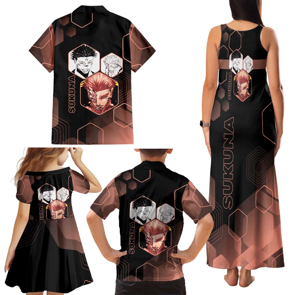 Ryomen Sukuna Jujutsu Kaisen Brown Hexagon Design Family Matching Tank Maxi Dress and Hawaiian Shirt with Cursed Marks and Manga Style Art