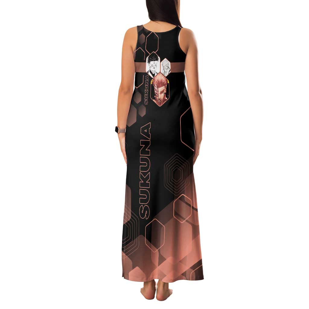 Ryomen Sukuna Jujutsu Kaisen Brown Hexagon Design Family Matching Tank Maxi Dress and Hawaiian Shirt with Cursed Marks and Manga Style Art