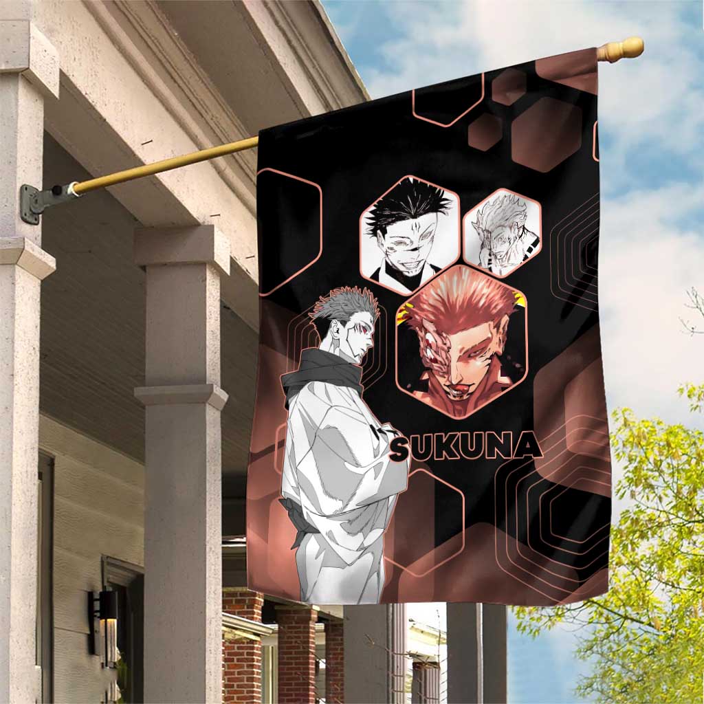 Ryomen Sukuna Jujutsu Kaisen Brown Hexagon Design Garden Flag with Cursed Marks and Manga Style Art - The Mazicc