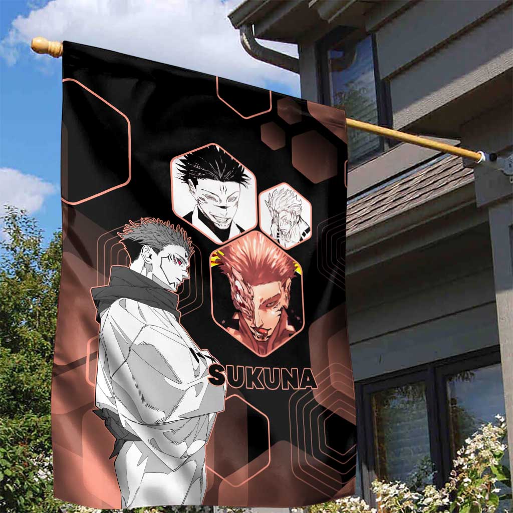 Ryomen Sukuna Jujutsu Kaisen Brown Hexagon Design Garden Flag with Cursed Marks and Manga Style Art - The Mazicc