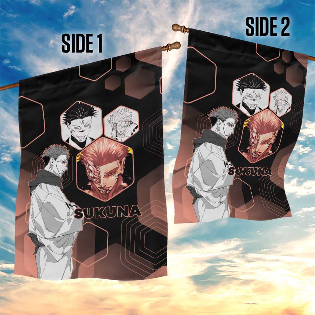 Ryomen Sukuna Jujutsu Kaisen Brown Hexagon Design Garden Flag with Cursed Marks and Manga Style Art - The Mazicc