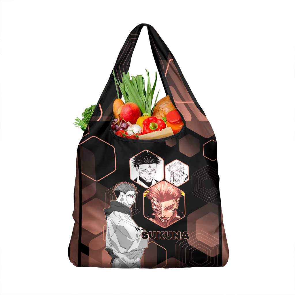 Ryomen Sukuna Jujutsu Kaisen Brown Hexagon Design Grocery Bag with Cursed Marks and Manga Style Art - The Mazicc