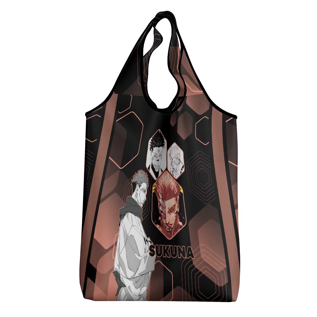 Ryomen Sukuna Jujutsu Kaisen Brown Hexagon Design Grocery Bag with Cursed Marks and Manga Style Art - The Mazicc