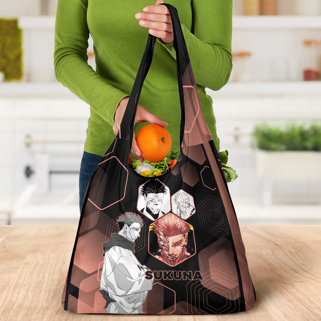 Ryomen Sukuna Jujutsu Kaisen Brown Hexagon Design Grocery Bag with Cursed Marks and Manga Style Art - The Mazicc