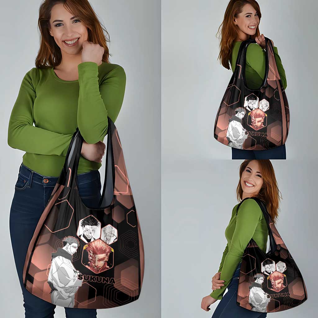 Ryomen Sukuna Jujutsu Kaisen Brown Hexagon Design Grocery Bag with Cursed Marks and Manga Style Art - The Mazicc