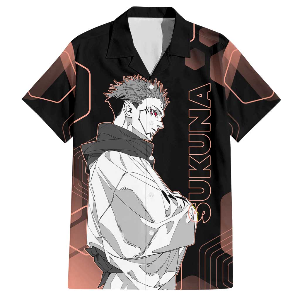 Ryomen Sukuna Jujutsu Kaisen Brown Hexagon Design Hawaiian Shirt with Cursed Marks and Manga Style Art - The Mazicc