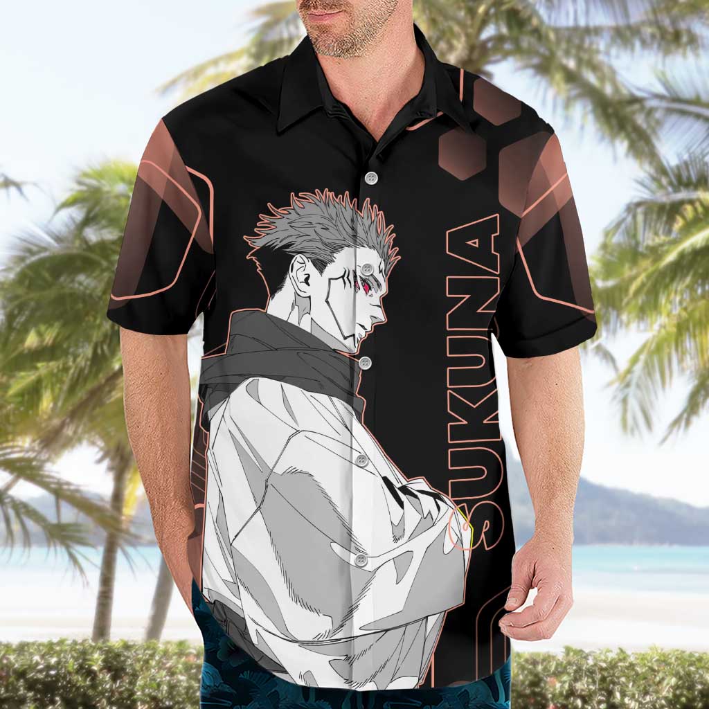 Ryomen Sukuna Jujutsu Kaisen Brown Hexagon Design Hawaiian Shirt with Cursed Marks and Manga Style Art - The Mazicc