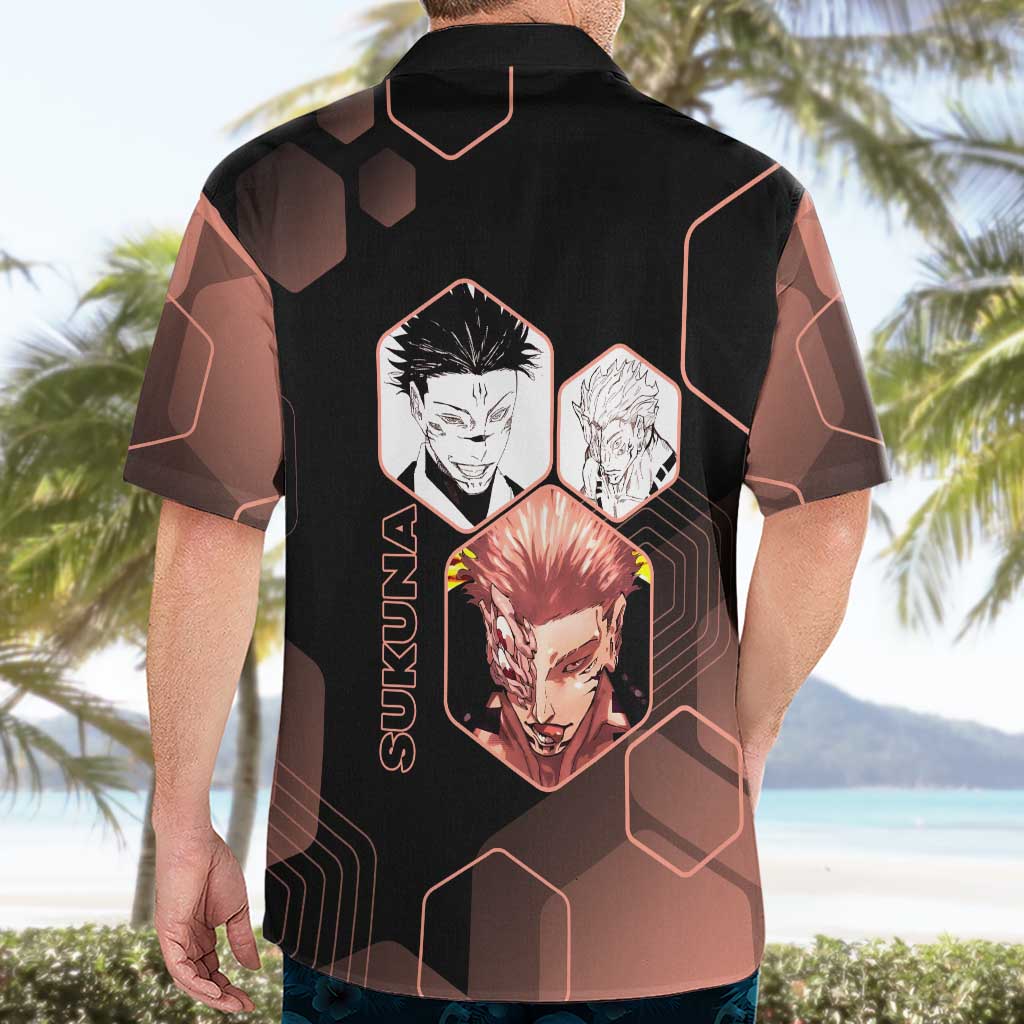 Ryomen Sukuna Jujutsu Kaisen Brown Hexagon Design Hawaiian Shirt with Cursed Marks and Manga Style Art - The Mazicc