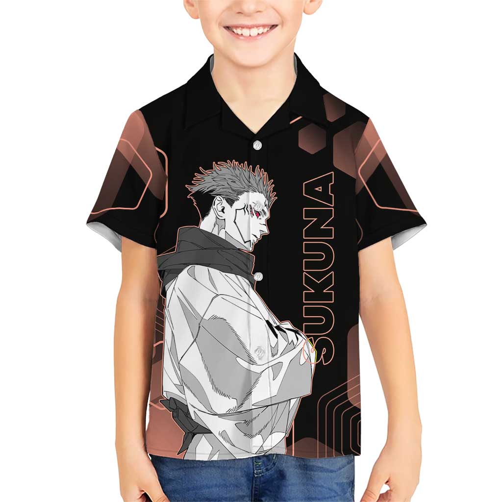 Ryomen Sukuna Jujutsu Kaisen Brown Hexagon Design Hawaiian Shirt with Cursed Marks and Manga Style Art - The Mazicc