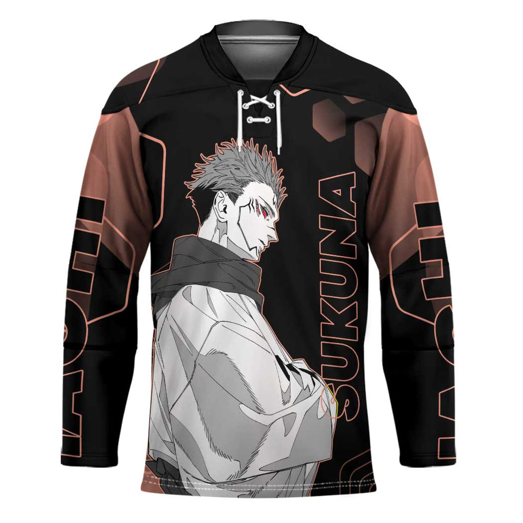 Ryomen Sukuna Jujutsu Kaisen Brown Hexagon Design Hockey Jersey with Cursed Marks and Manga Style Art - The Mazicc