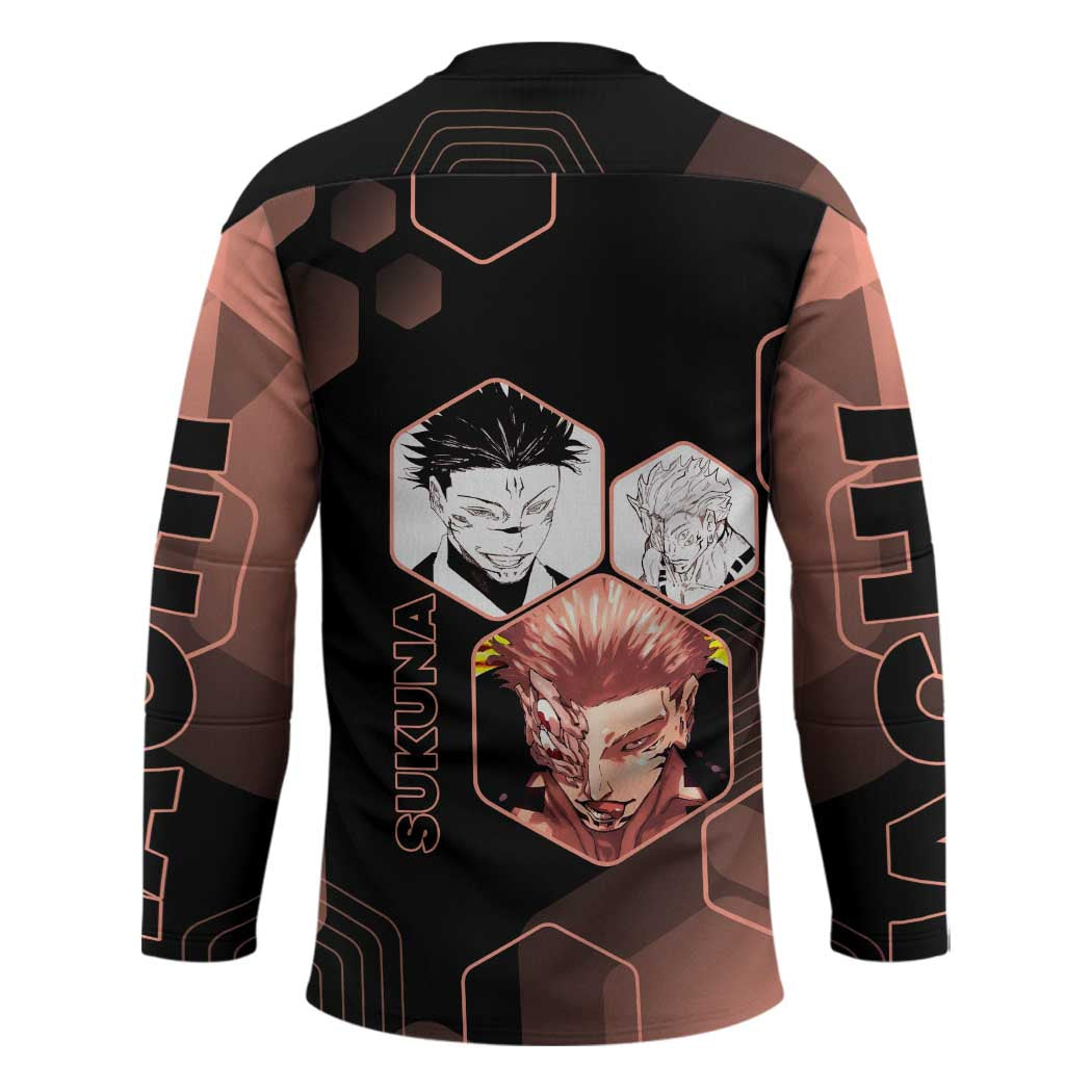 Ryomen Sukuna Jujutsu Kaisen Brown Hexagon Design Hockey Jersey with Cursed Marks and Manga Style Art - The Mazicc