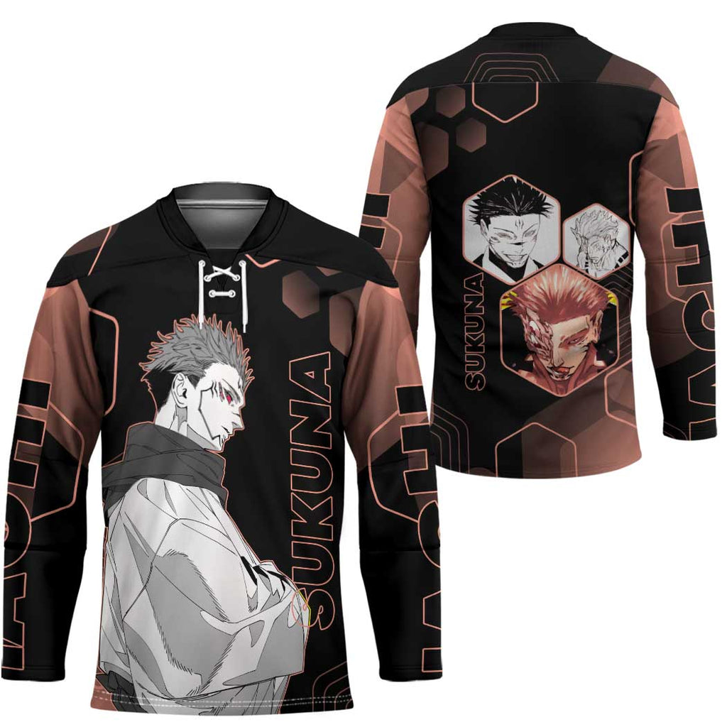 Ryomen Sukuna Jujutsu Kaisen Brown Hexagon Design Hockey Jersey with Cursed Marks and Manga Style Art - The Mazicc
