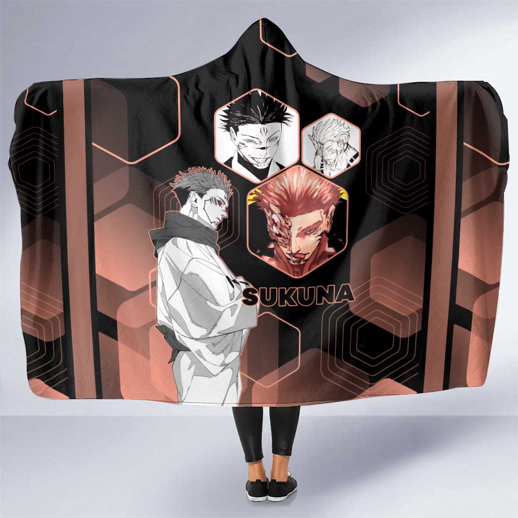 Ryomen Sukuna Jujutsu Kaisen Brown Hexagon Design Hooded Blanket with Cursed Marks and Manga Style Art - The Mazicc