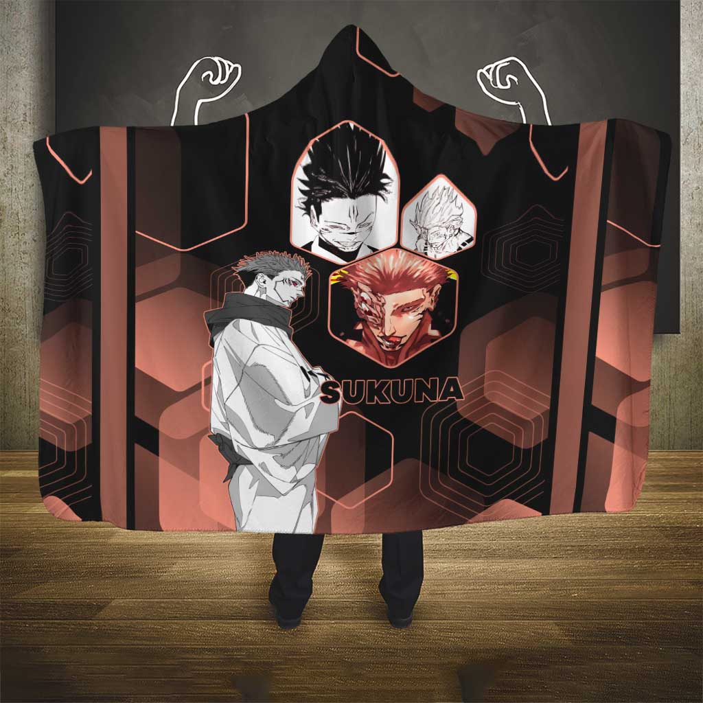 Ryomen Sukuna Jujutsu Kaisen Brown Hexagon Design Hooded Blanket with Cursed Marks and Manga Style Art - The Mazicc
