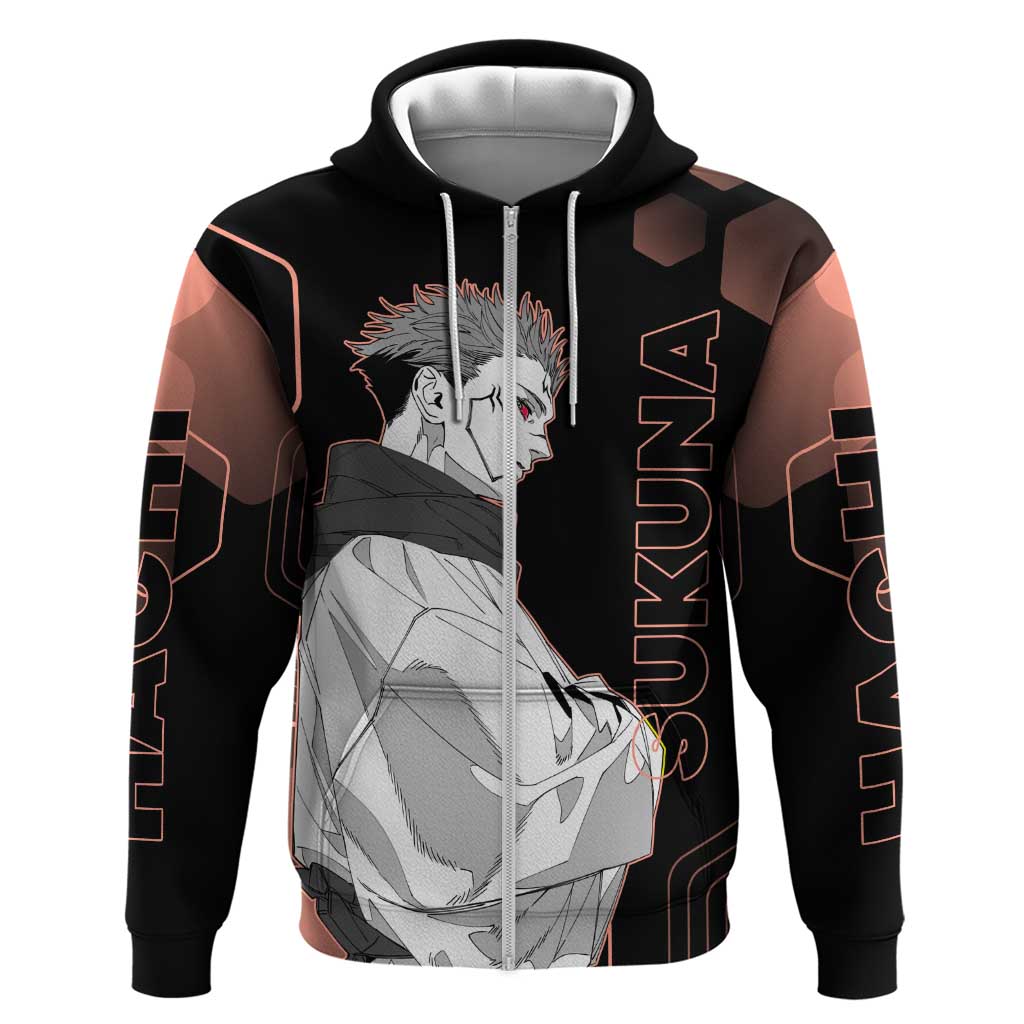 Ryomen Sukuna Jujutsu Kaisen Brown Hexagon Design Hoodie with Cursed Marks and Manga Style Art - The Mazicc