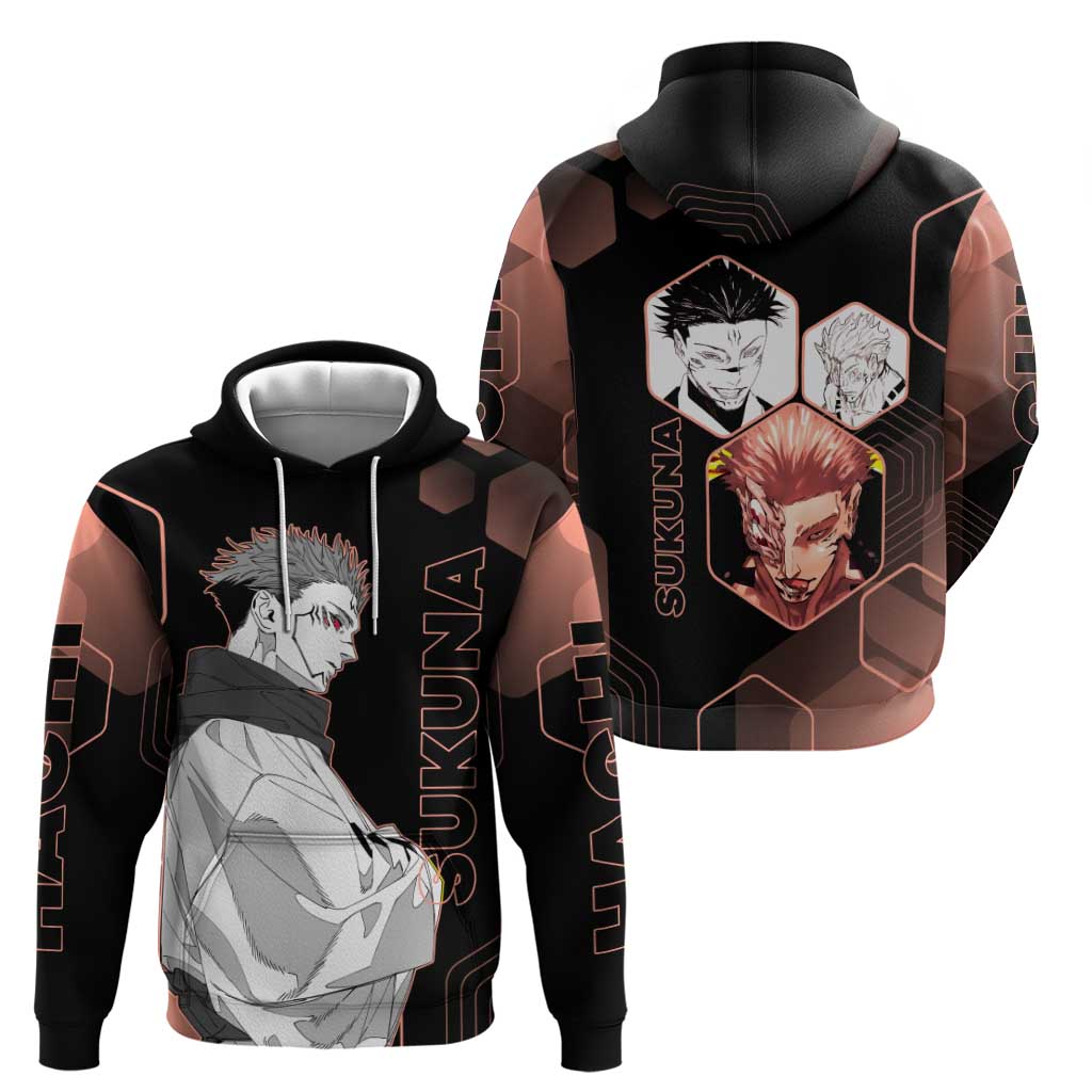 Ryomen Sukuna Jujutsu Kaisen Brown Hexagon Design Hoodie with Cursed Marks and Manga Style Art - The Mazicc