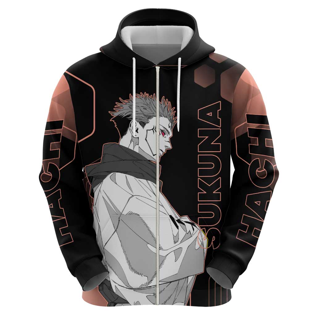 Ryomen Sukuna Jujutsu Kaisen Brown Hexagon Design Hoodie with Cursed Marks and Manga Style Art - The Mazicc