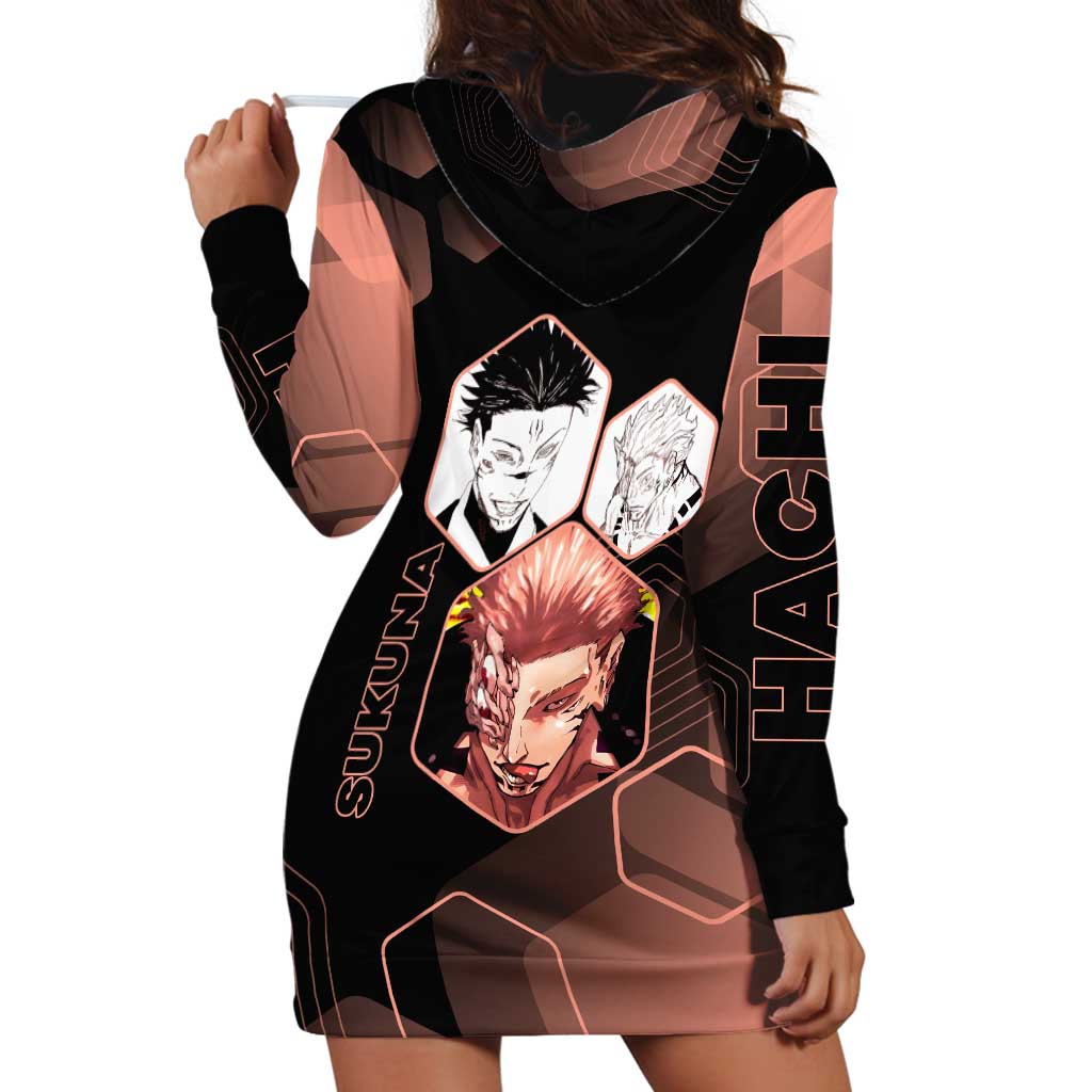 Ryomen Sukuna Jujutsu Kaisen Brown Hexagon Design Hoodie Dress with Cursed Marks and Manga Style Art - The Mazicc