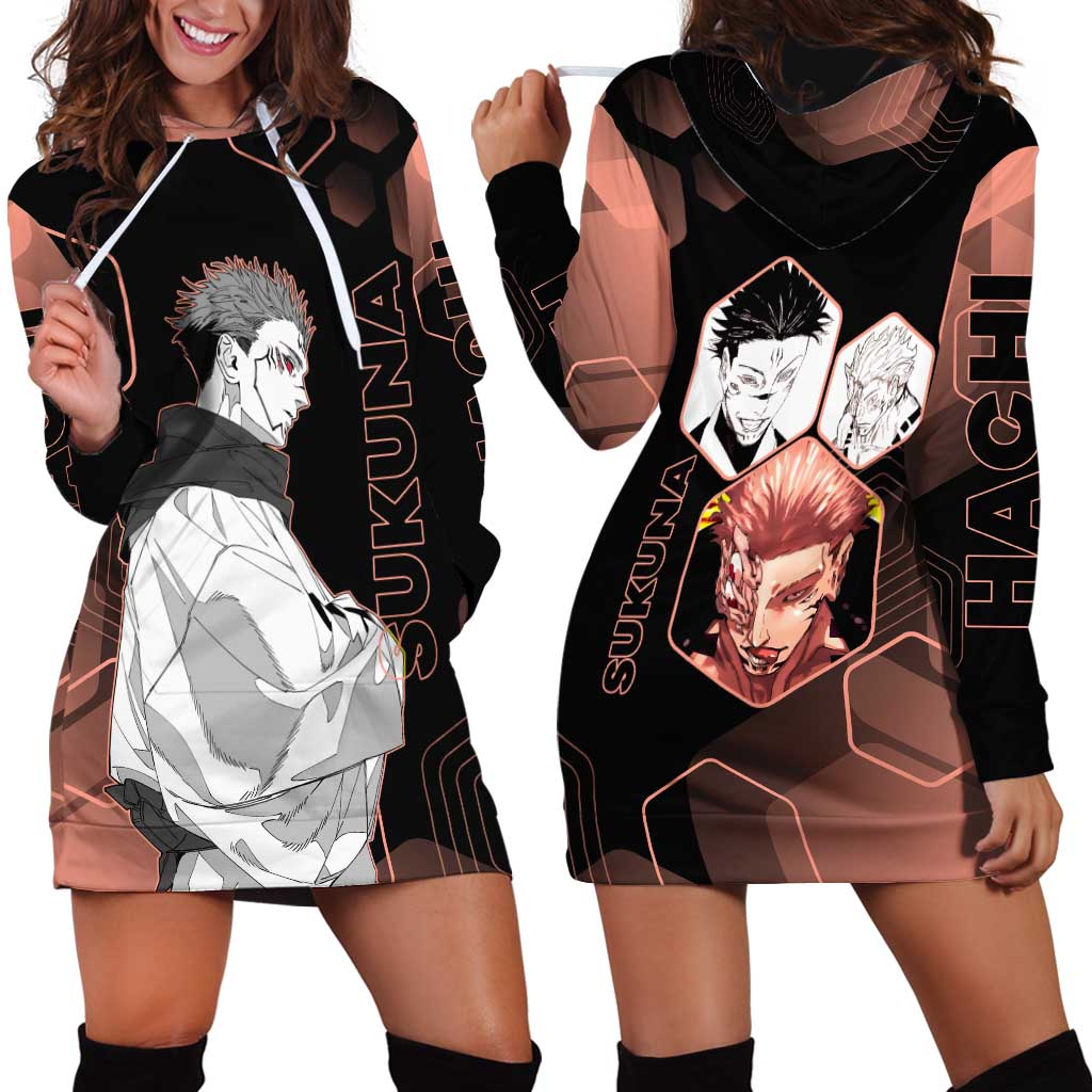 Ryomen Sukuna Jujutsu Kaisen Brown Hexagon Design Hoodie Dress with Cursed Marks and Manga Style Art - The Mazicc