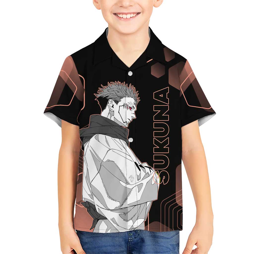Ryomen Sukuna Jujutsu Kaisen Brown Hexagon Design Kid Hawaiian Shirt with Cursed Marks and Manga Style Art - The Mazicc
