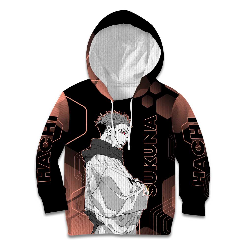 Ryomen Sukuna Jujutsu Kaisen Brown Hexagon Design Kid Hoodie with Cursed Marks and Manga Style Art - The Mazicc